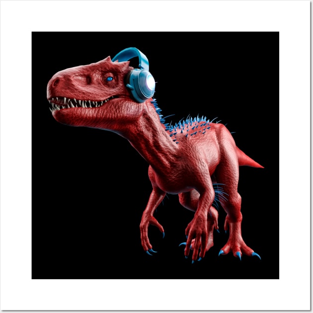 red and blue tyrannosaurus rex t-rext earing music with phones Wall Art by Nekron